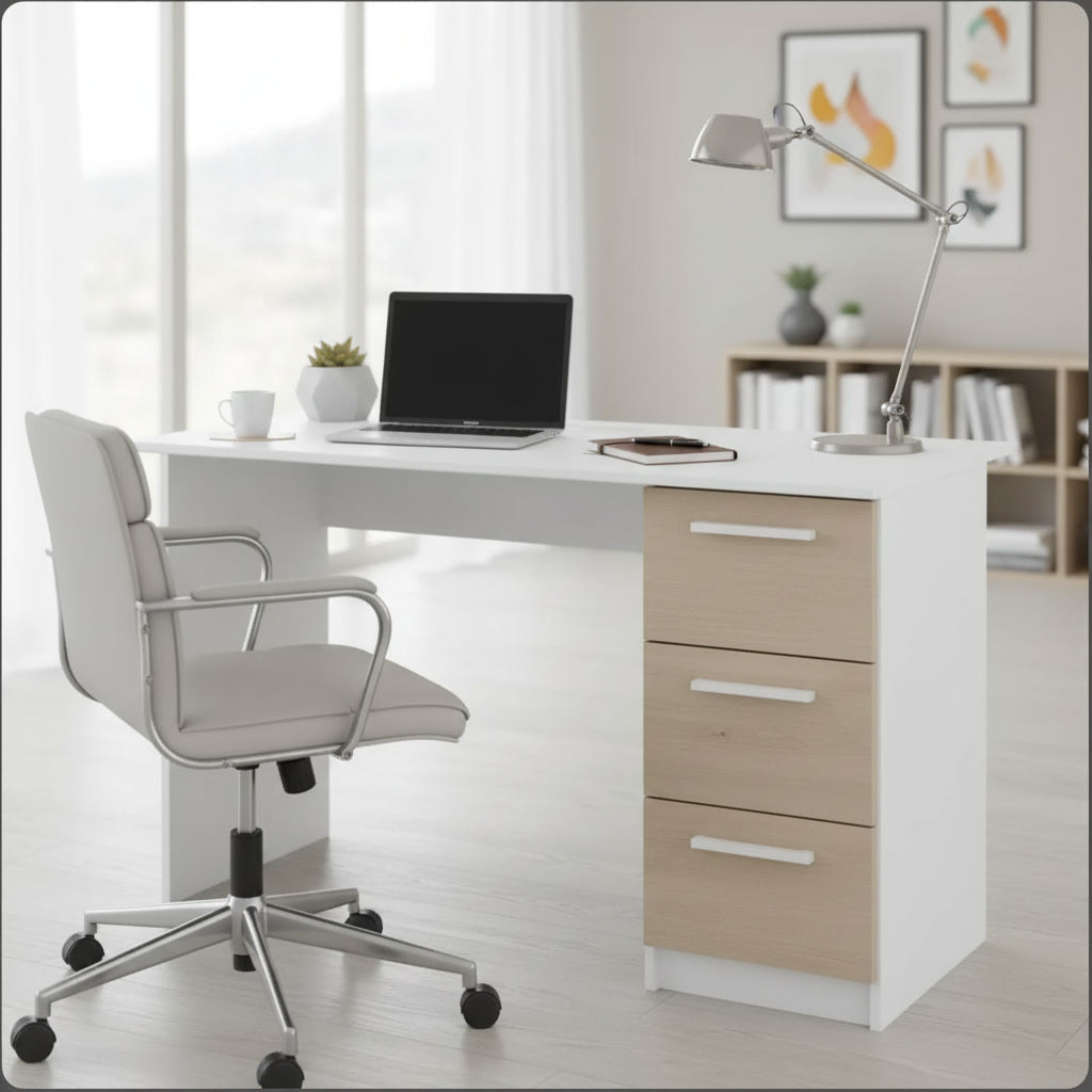 Bureau avec rangements – finition blanc et décor bois